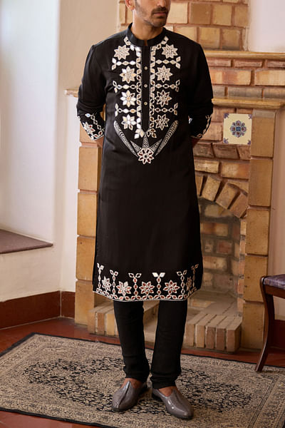 Black floral mirror embroidered kurta set