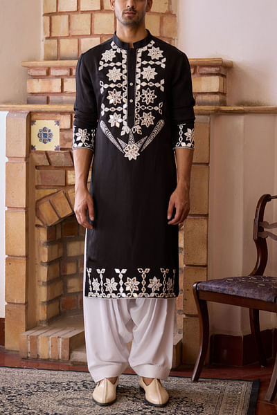 Black floral mirror embroidery kurta set