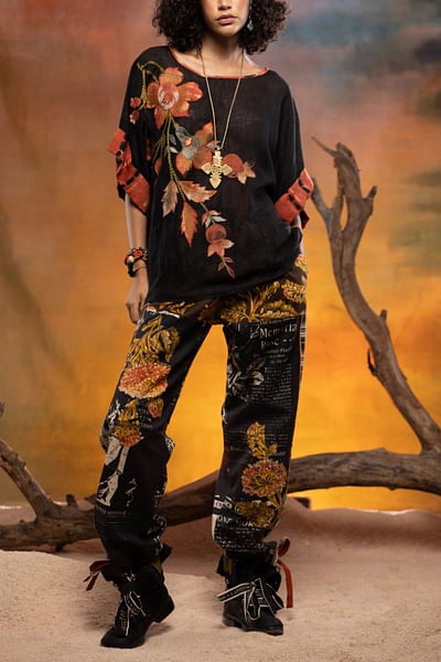 Black floral patchwork embroidery boho top