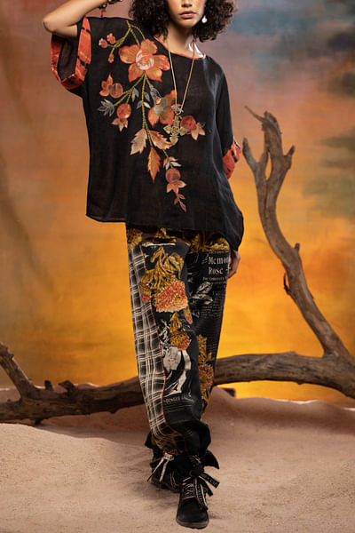Black floral patchwork embroidery cargo pants