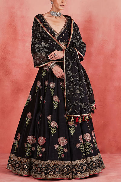 Black floral pitta embroidered lehenga set