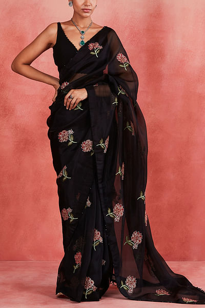Black floral pitta embroidered sari set