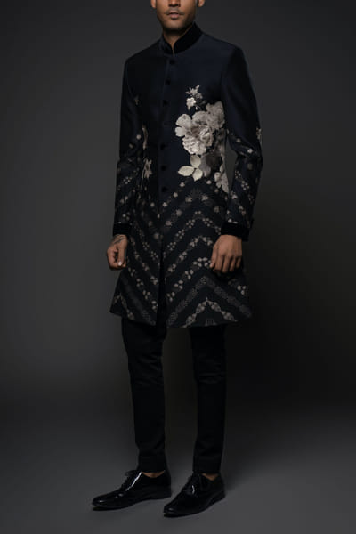 Black floral print embroidered sherwani