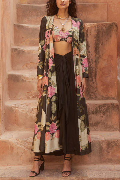 Black floral print jacket set