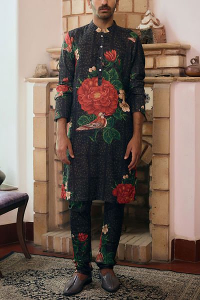 Black floral print kurta set