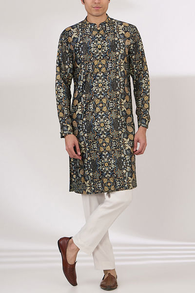 Black floral print kurta set