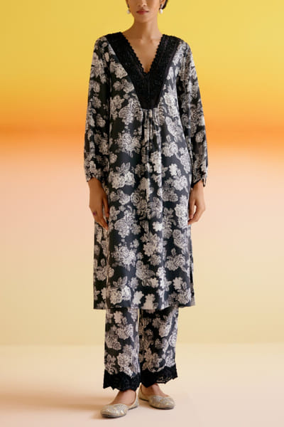 Black floral print silk co-ord set
