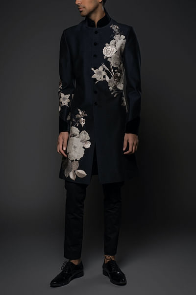 Black floral printed and embroidered sherwani