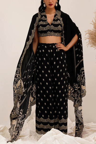 Black floral printed cape set