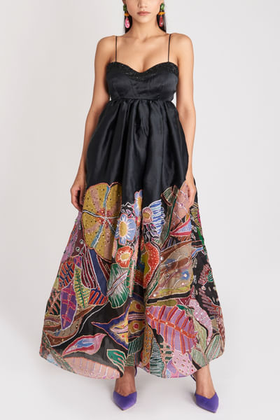 Black floral printed embroidered dress