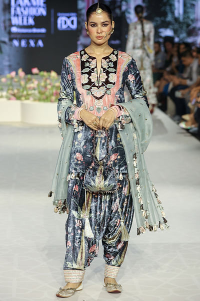 Black floral printed embroidered kurta set