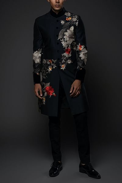 Black floral printed embroidered sherwani