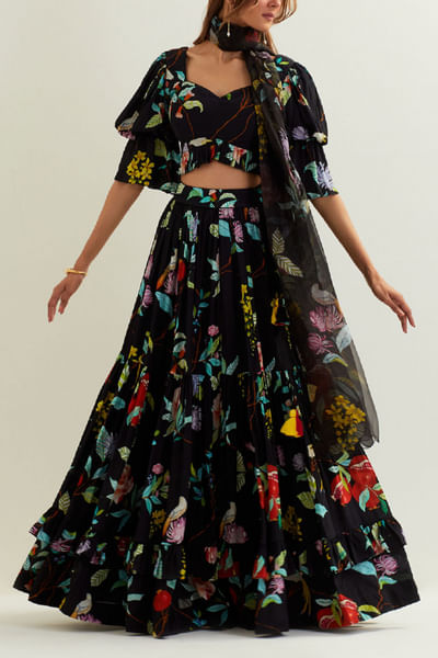 Black floral printed frill lehenga set