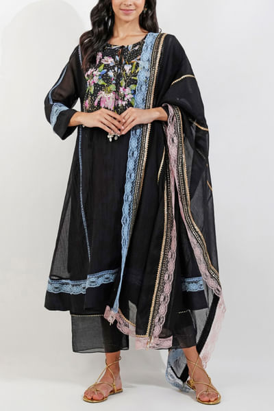 Black floral printed kurta set