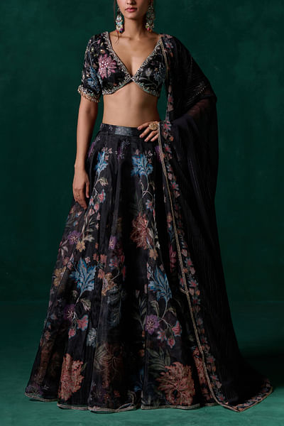 Black floral printed lehenga set