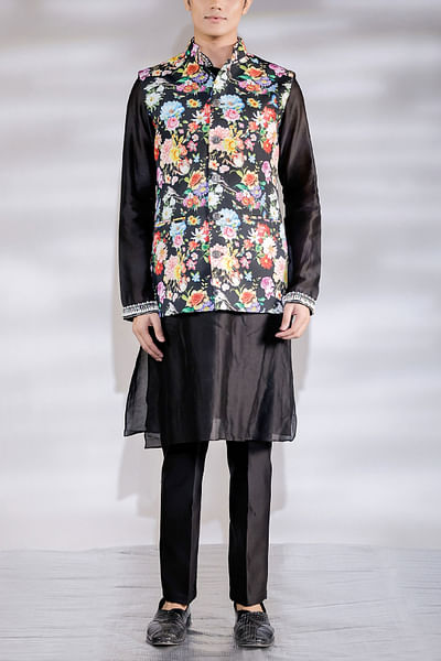 Black floral printed Nehru jacket kurta set