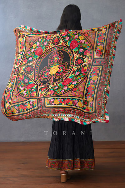 Black floral printed organza scarf