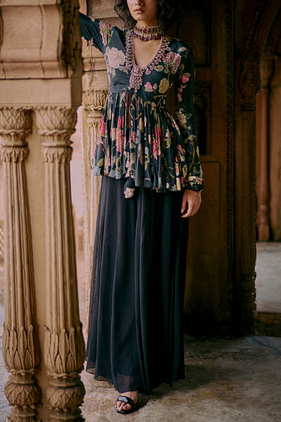 Black floral printed peplum and palazzo
