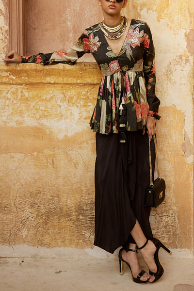 Black floral printed peplum set