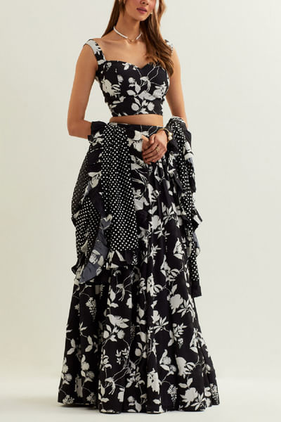 Black floral printed pleated lehenga set