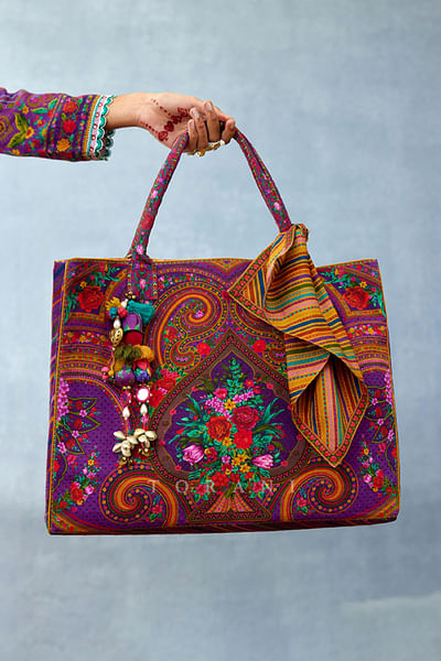 Purple floral printed tote bag