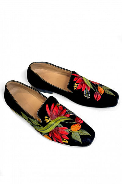 Black floral resham embroidered loafers