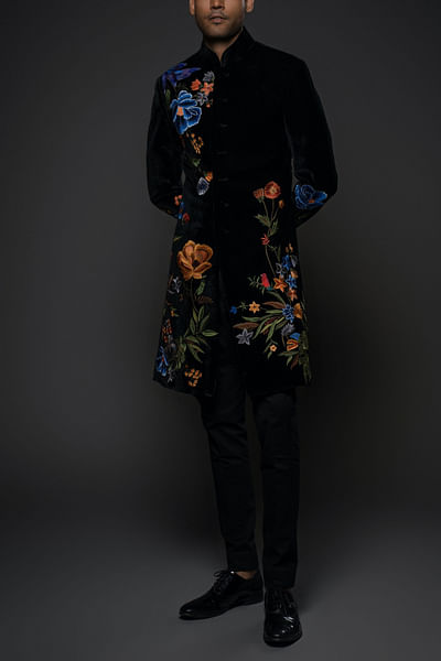 Black floral resham embroidered sherwani