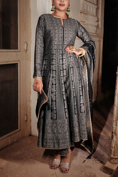 Black floral self woven anarkali set