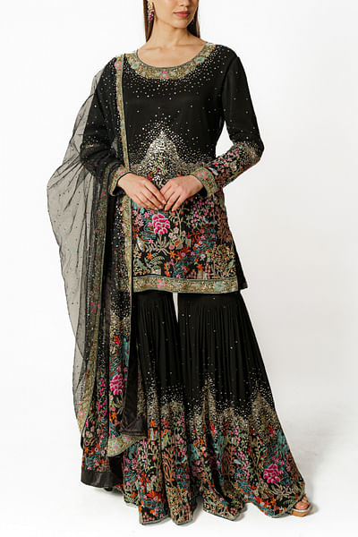 Black floral sequin embroidered gharara set
