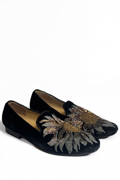 Black floral sequin embroidered loafers