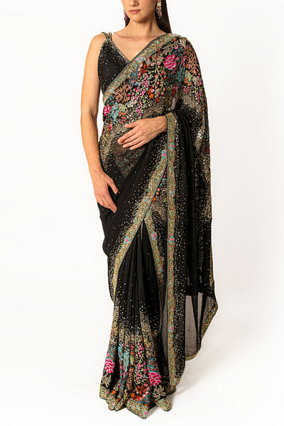 Black floral sequin embroidered sari set