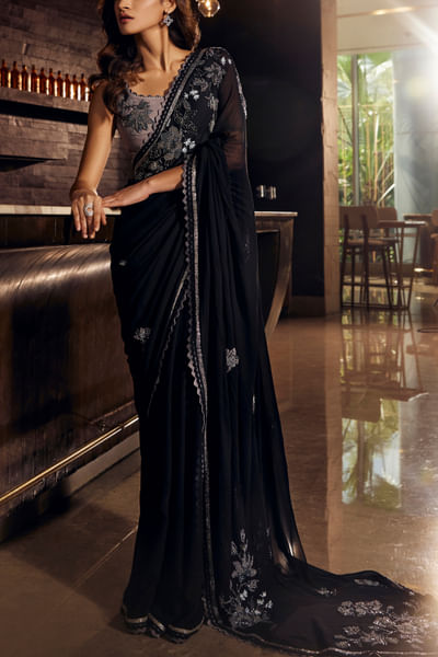 Black floral sequin embroidered sari set
