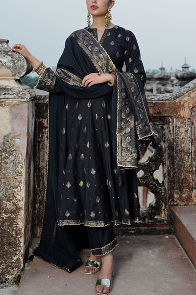 Black floral woven anarkali set