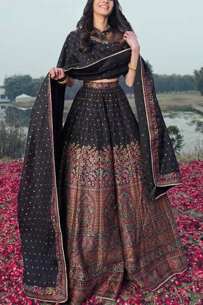 Black floral woven lehenga set