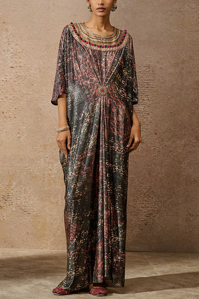 Black foil jersey printed kaftan dress