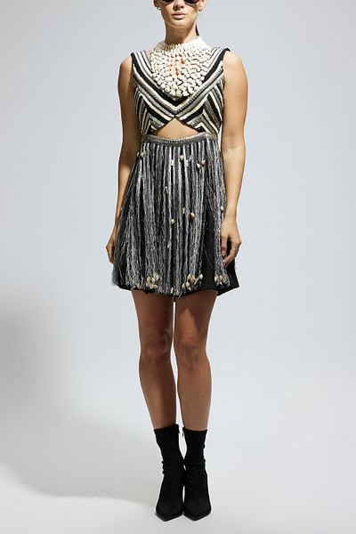 Black fringed embellished mini dress