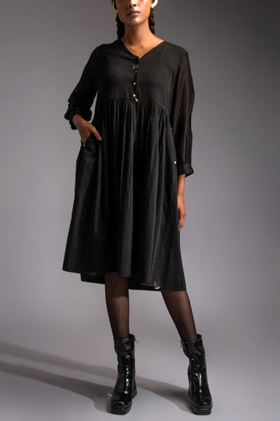 Black gathered midi dress
