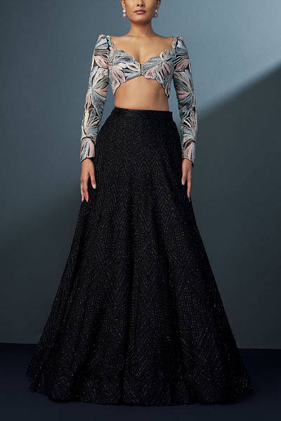 Black geometric embellished lehenga set