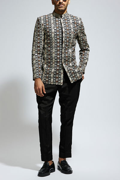 Black geometric embroidered bandhgala