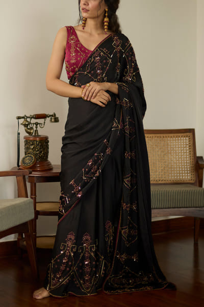 Black geometric embroidered sari set