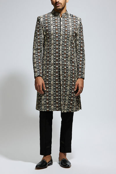 Black geometric embroidered sherwani set