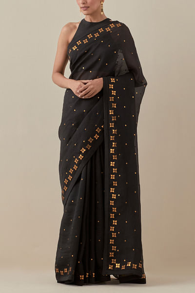 Black geometric hand embroidered sari set