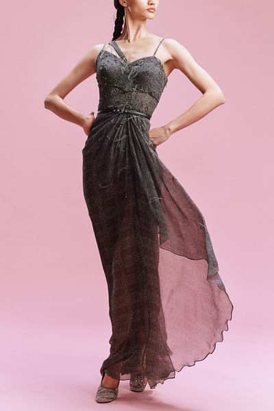 Black geometric print draped gown