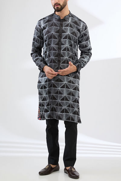 Black geometric print shibori kurta set