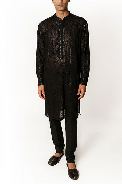 Black geometric sequinned kurta set