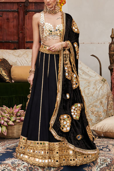 Black gota and mirror embroidered lehenga set