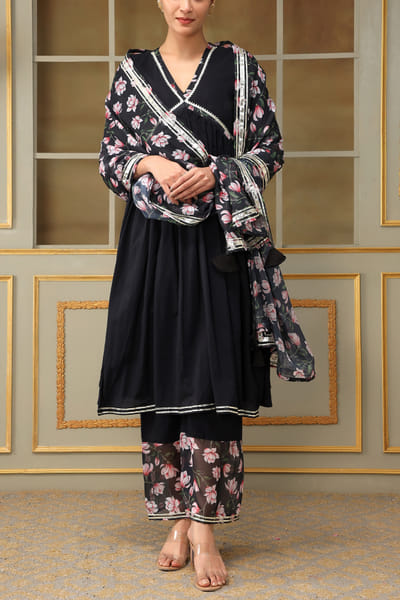 Black gota work gathered kurta set