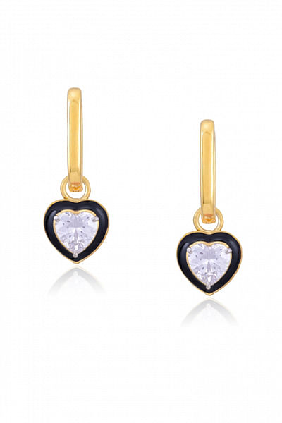 Black heart cubic zirconia hoop drop earrings