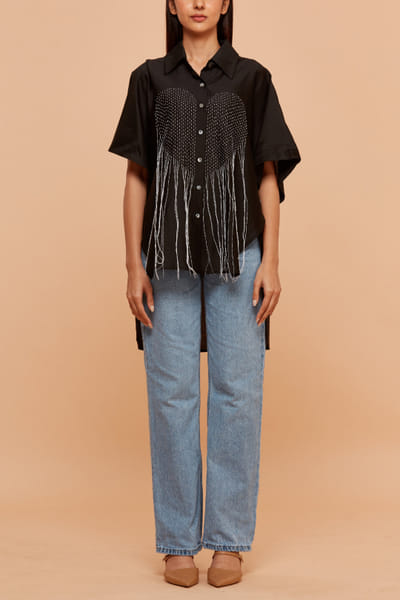 Black heart kantha stitched kaftan shirt