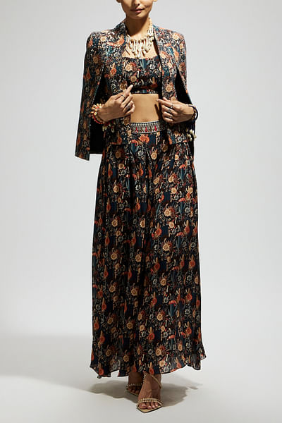 Black jaal embellished cape set
